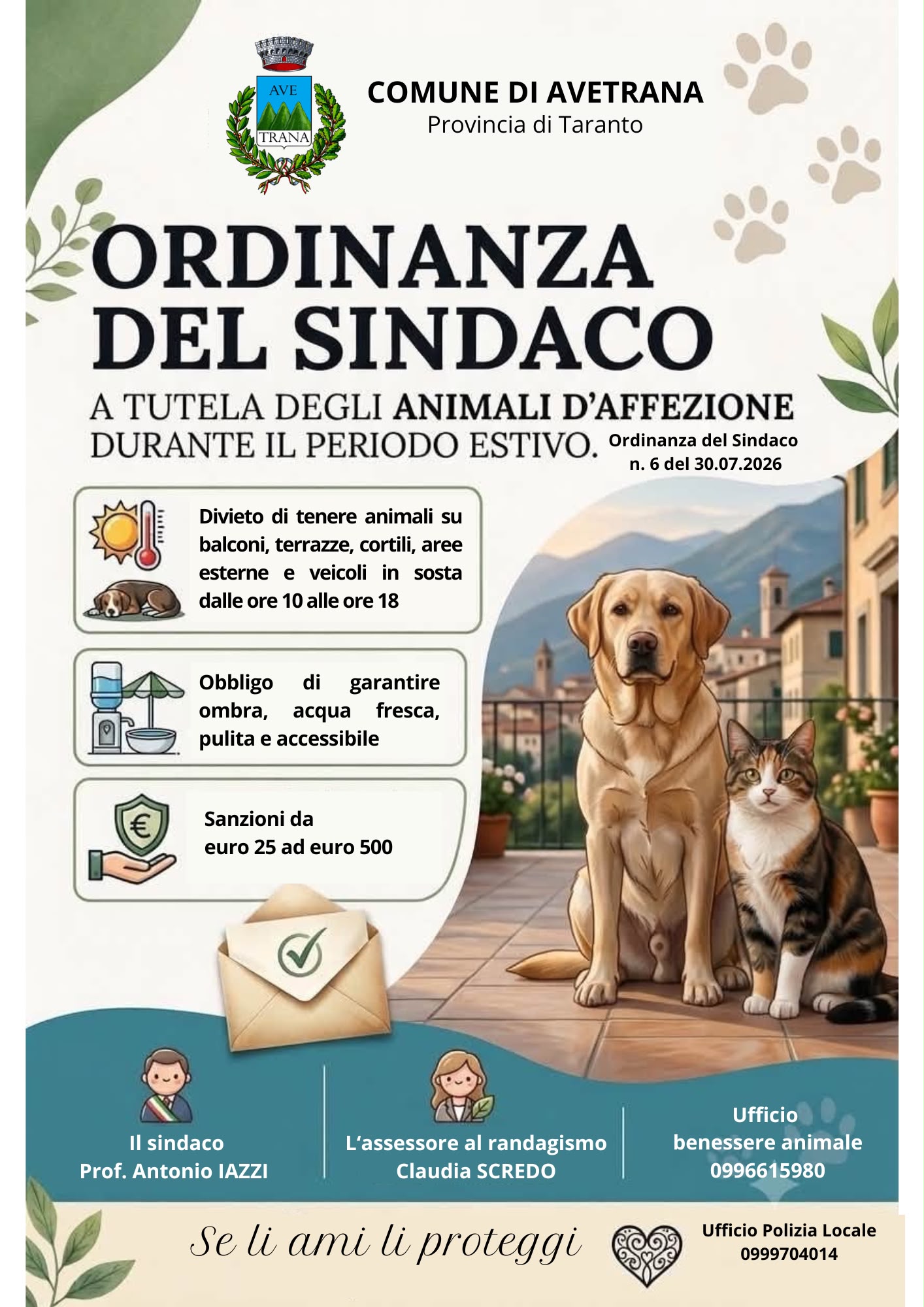 Ordinanza del sindaco a tutela degli animali d'affezione